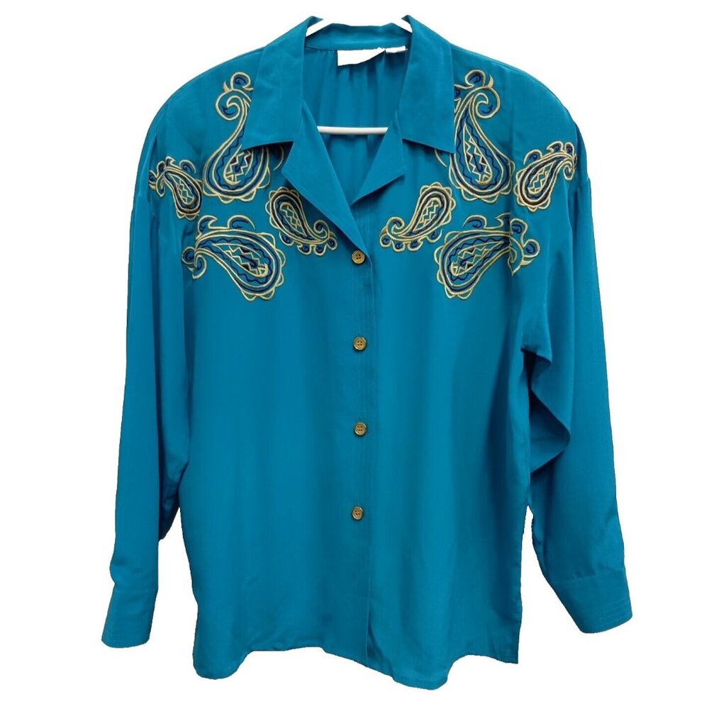 Vintage 90s Adam Douglas Womens Silk Blouse Large Blue Embroidered Paisley‎ BOHO